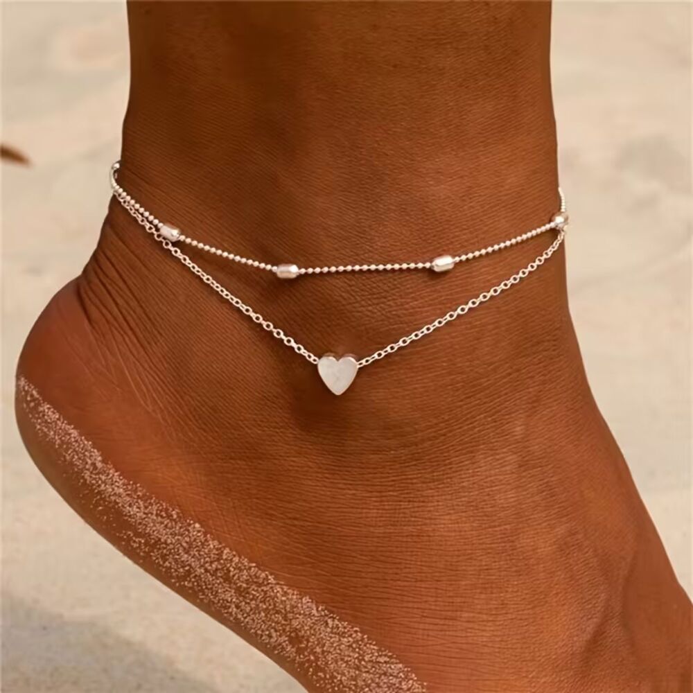 Double Layer Silver Heart Beaded Anklet Chain Lobster Clasp Adjustable Chain